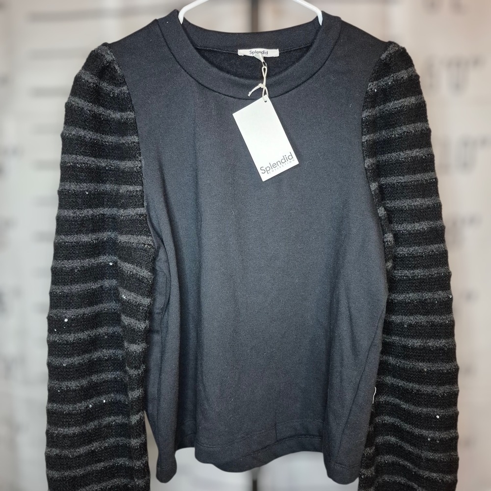 Splendid Black Sweater with Striped Sleeves